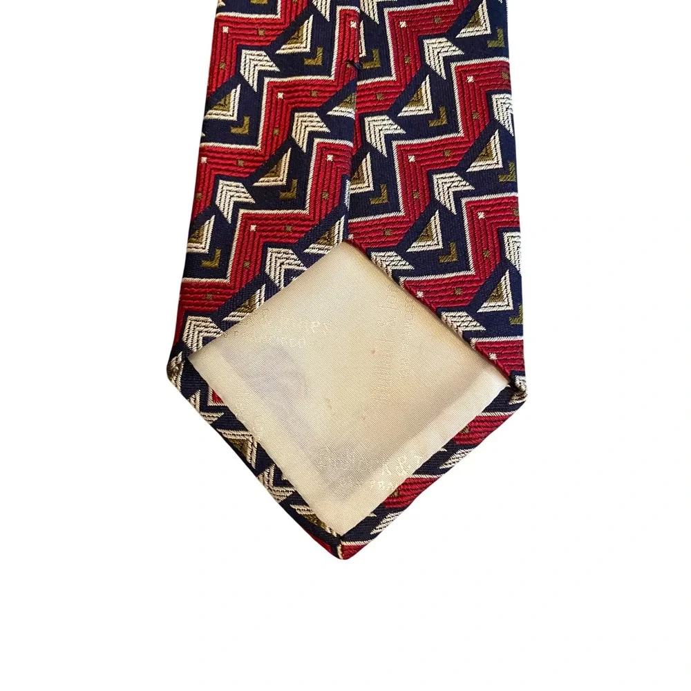 Vintage Geometric Zigzag Chevron Silk Tie Red Navy Blue Gold‎ Woven Necktie
